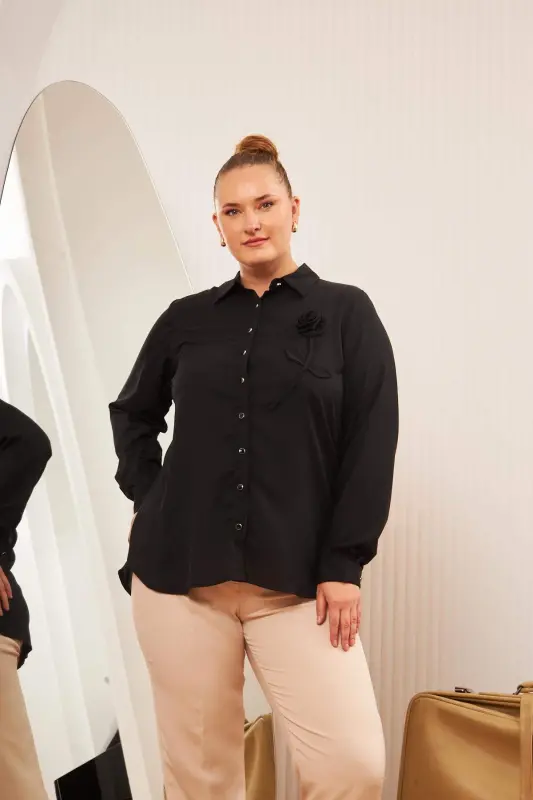 Plus Size Shirt With Rose Accessory Black - 4