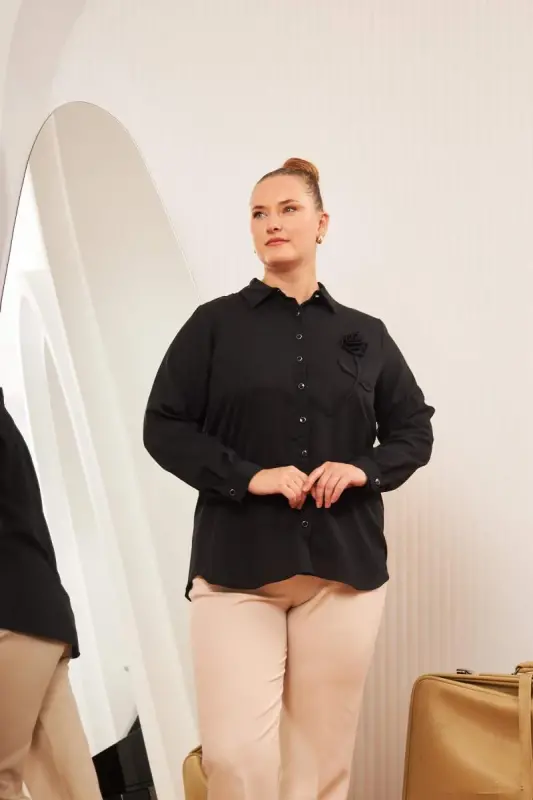 Plus Size Shirt With Rose Accessory Black - 3