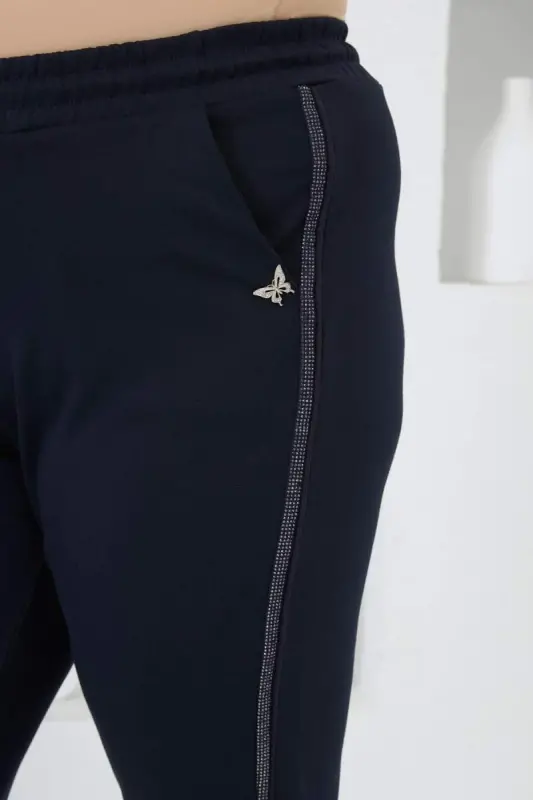 Plus Size Shirty Stone Detailed Sweatpants Navy Blue - 3
