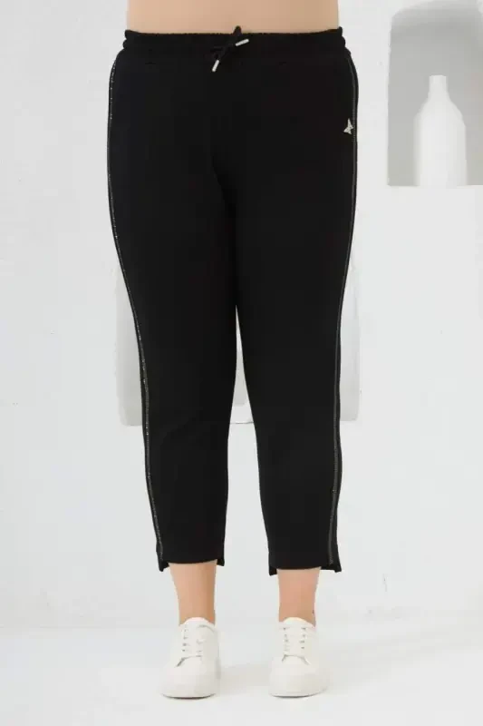 Plus Size Shirty Stone Detailed Tracksuit Bottoms Black - 2