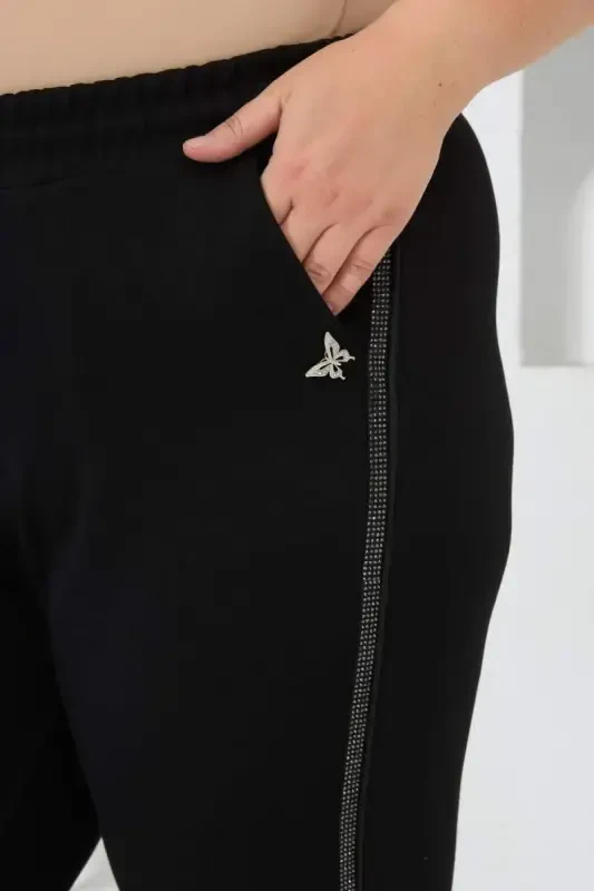 Plus Size Shirty Stone Detailed Tracksuit Bottoms Black - 3