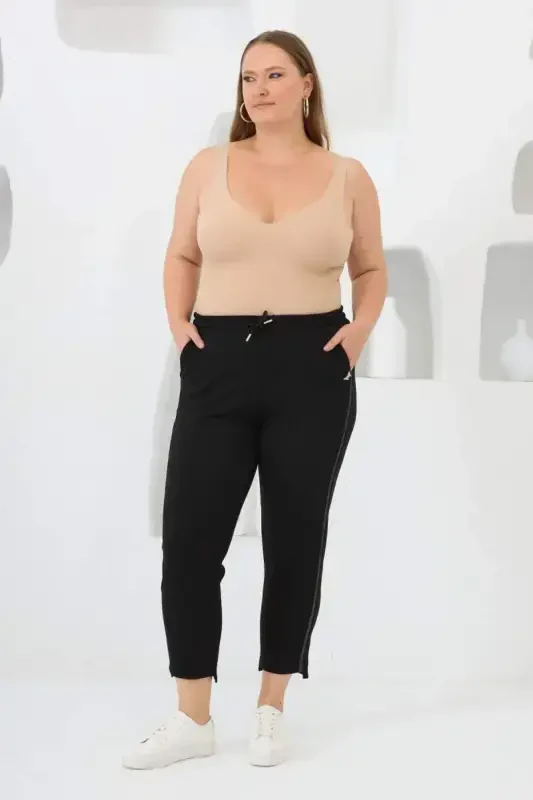 Plus Size Shirty Stone Detailed Tracksuit Bottoms Black - 5