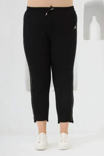 Plus Size Shirty Stone Detailed Tracksuit Bottoms Black - BÜYÜKBEDENIZ (1)