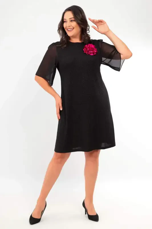 Plus Size Short Sleeve Black Dress with Gold and Rose Brooch Detail - 1