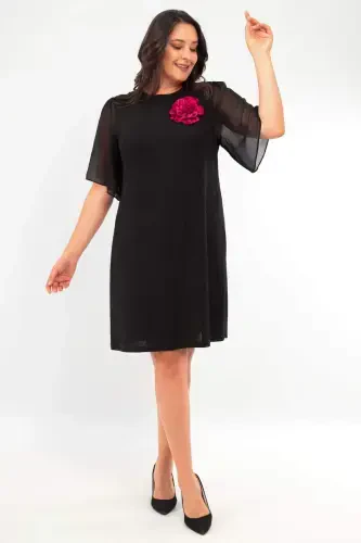 Plus Size Short Sleeve Black Dress with Gold and Rose Brooch Detail - 2