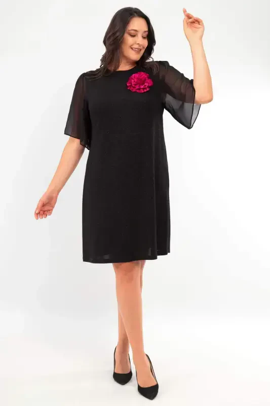 Plus Size Short Sleeve Black Dress with Gold and Rose Brooch Detail - 2