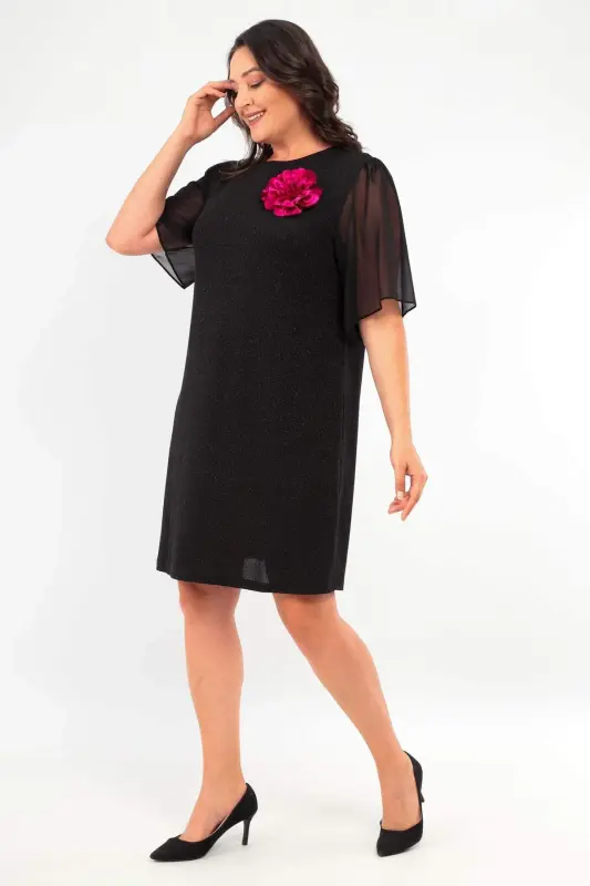Plus Size Short Sleeve Black Dress with Gold and Rose Brooch Detail - 3