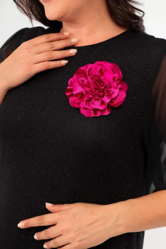 Plus Size Short Sleeve Black Dress with Gold and Rose Brooch Detail - 4