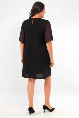 Plus Size Short Sleeve Black Dress with Gold and Rose Brooch Detail - 5