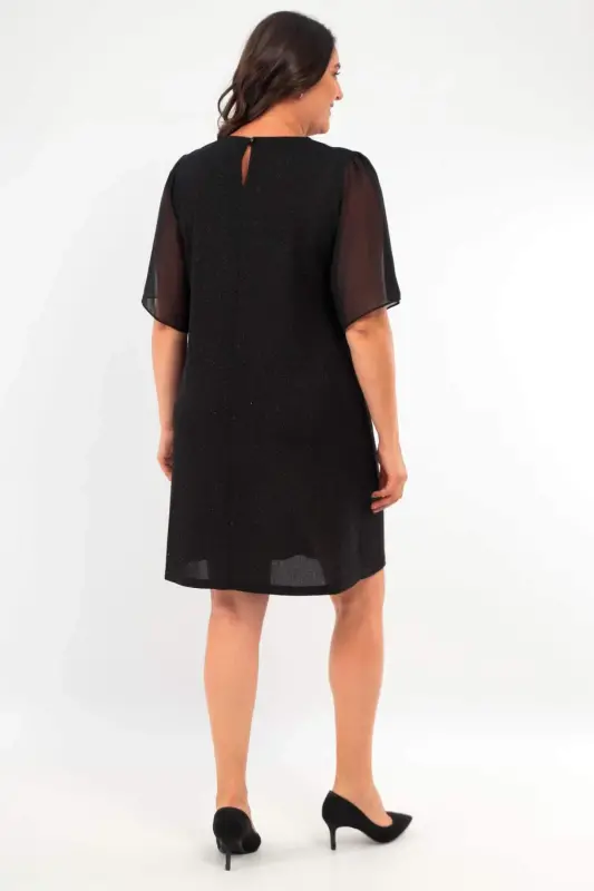 Plus Size Short Sleeve Black Dress with Gold and Rose Brooch Detail - 5