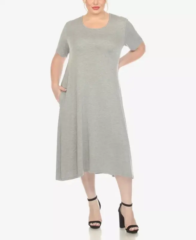 Plus Size Short Sleeve Pocket Swing Midi Dress - WHITE MARK