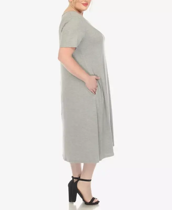 Plus Size Short Sleeve Pocket Swing Midi Dress - 3