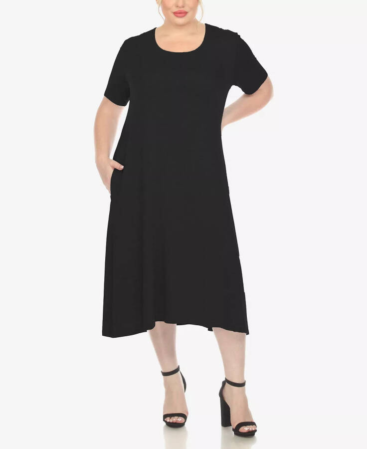 Plus Size Short Sleeve Pocket Swing Midi Dress Black - 4