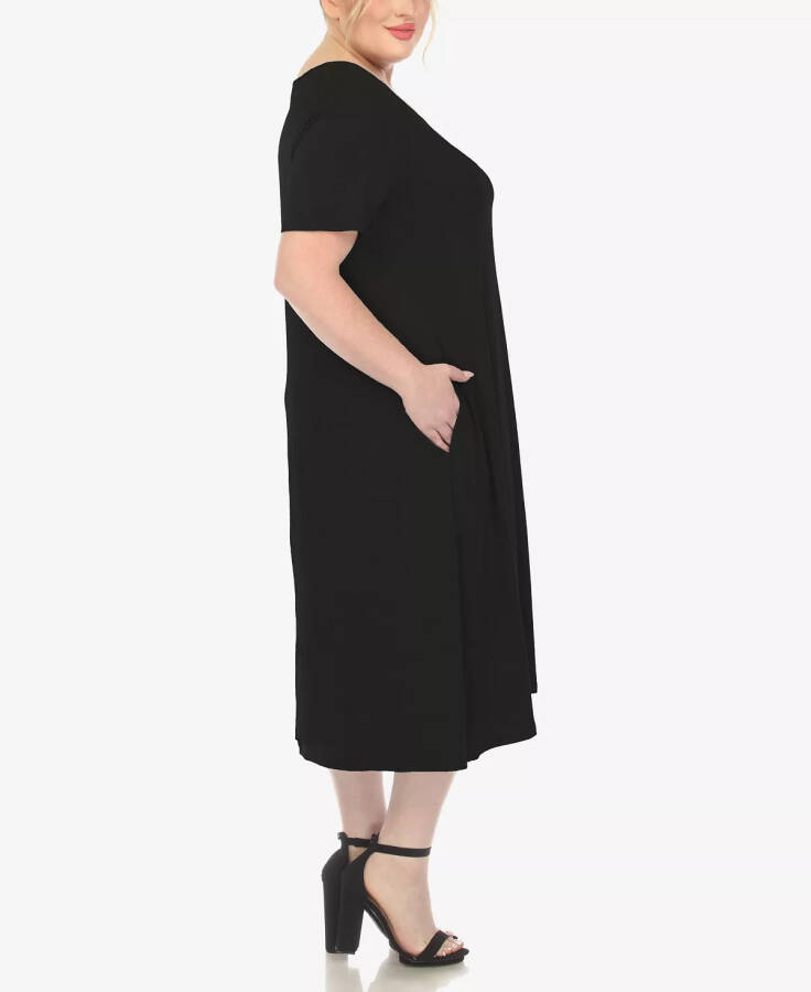 Plus Size Short Sleeve Pocket Swing Midi Dress Black - 6