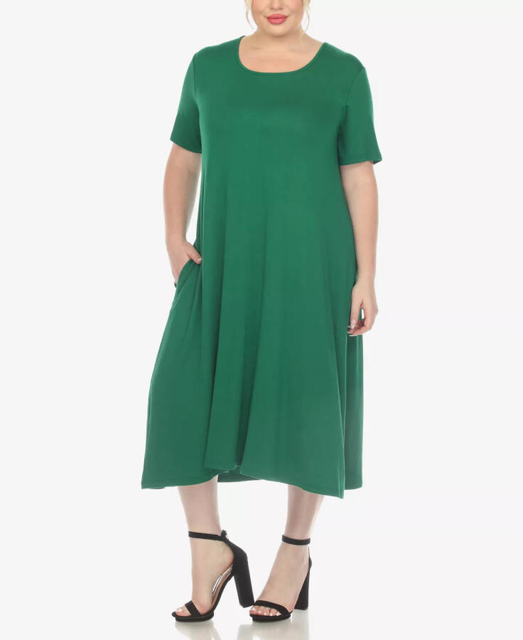 Plus Size Short Sleeve Pocket Swing Midi Dress Green - 5