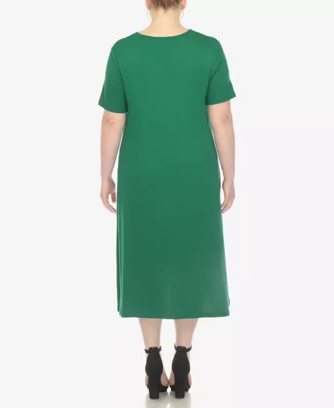 Plus Size Short Sleeve Pocket Swing Midi Dress - Green - 2