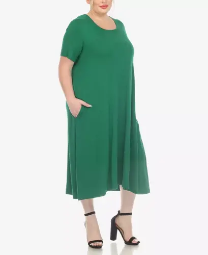 Plus Size Short Sleeve Pocket Swing Midi Dress - Green - 3