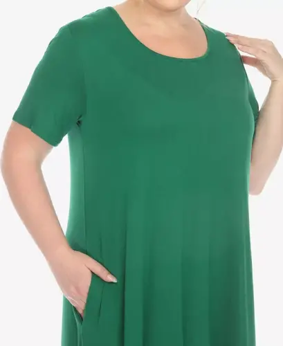 Plus Size Short Sleeve Pocket Swing Midi Dress - Green - 4