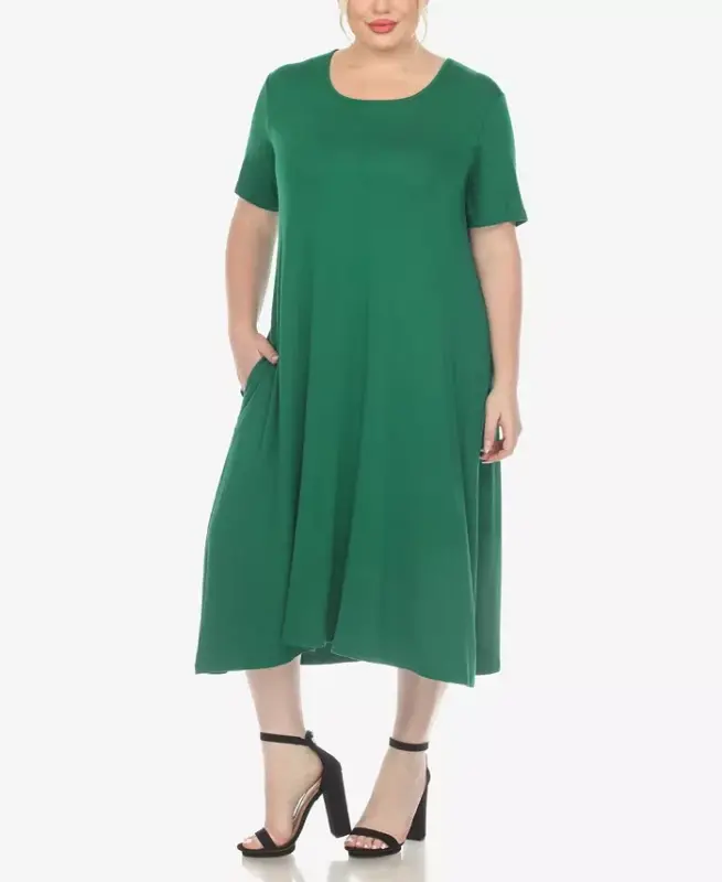 Plus Size Short Sleeve Pocket Swing Midi Dress - Green - WHITE MARK