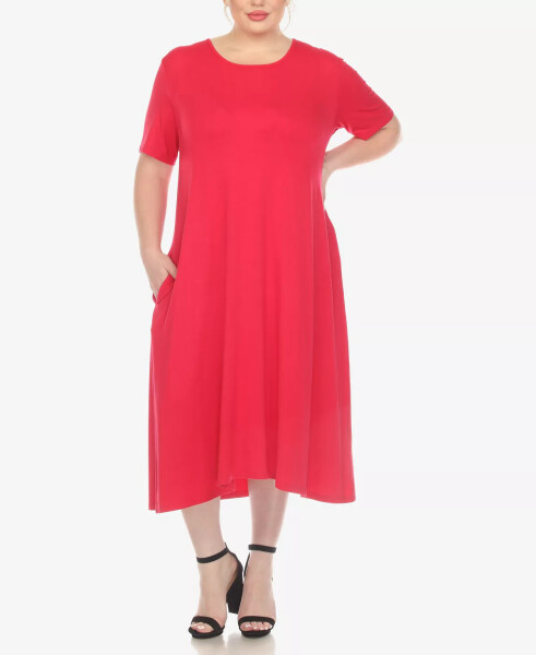 Plus Size Short Sleeve Pocket Swing Midi Dress Magenta - 4