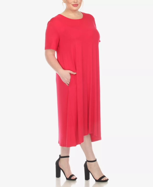 Plus Size Short Sleeve Pocket Swing Midi Dress Magenta - 6