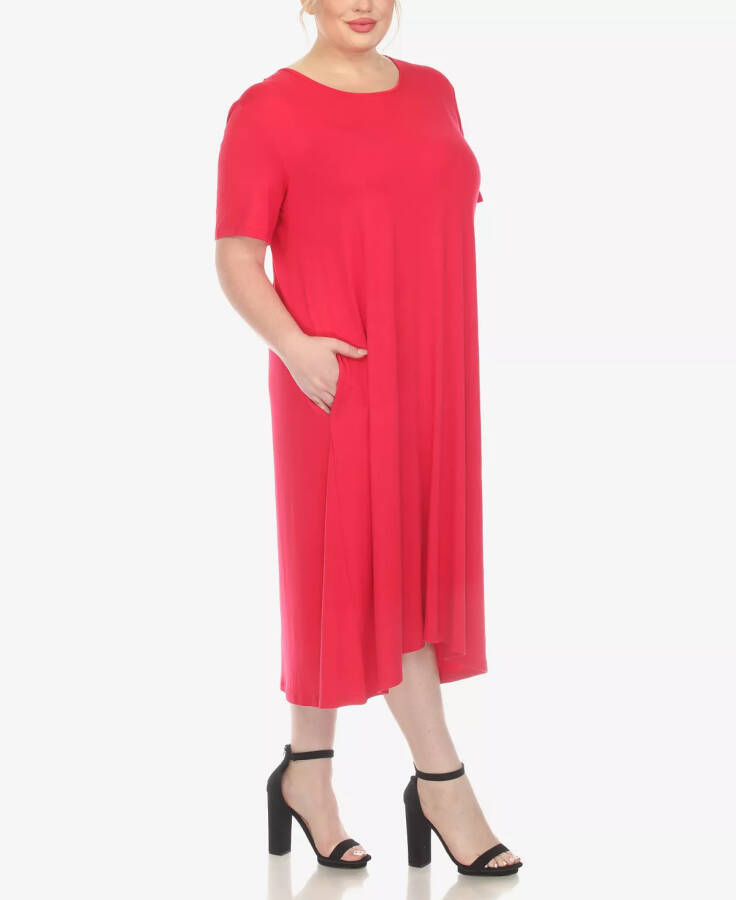 Plus Size Short Sleeve Pocket Swing Midi Dress Magenta - 6