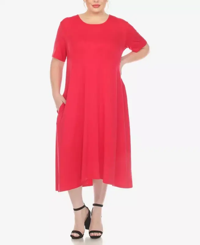 Plus Size Short Sleeve Pocket Swing Midi Dress-Magenta - 1