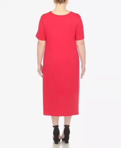 Plus Size Short Sleeve Pocket Swing Midi Dress-Magenta - WHITE MARK (1)