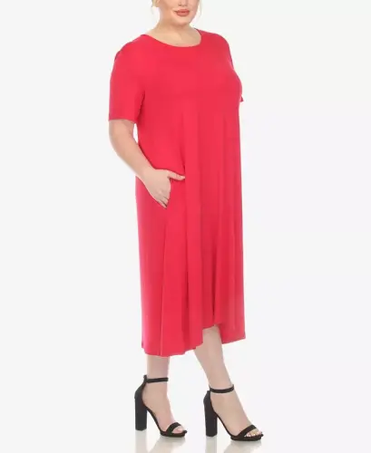 Plus Size Short Sleeve Pocket Swing Midi Dress-Magenta - 3