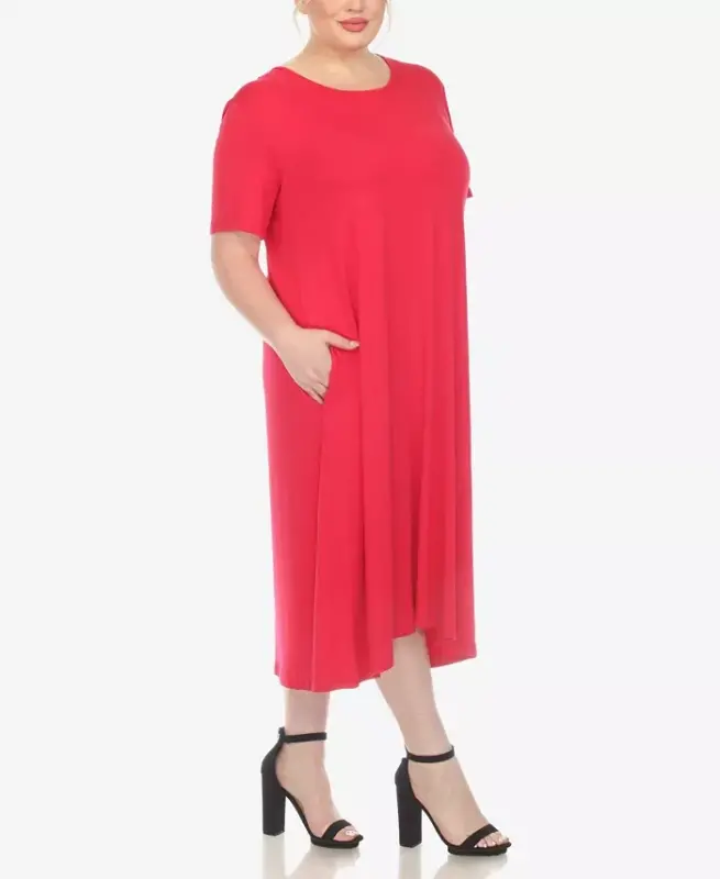Plus Size Short Sleeve Pocket Swing Midi Dress-Magenta - 3