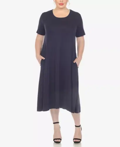 Plus Size Short Sleeve Pocket Swing Midi Dress - Navy - 1