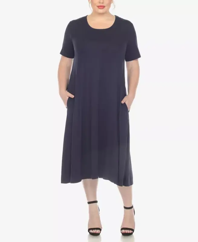 Plus Size Short Sleeve Pocket Swing Midi Dress - Navy - 1