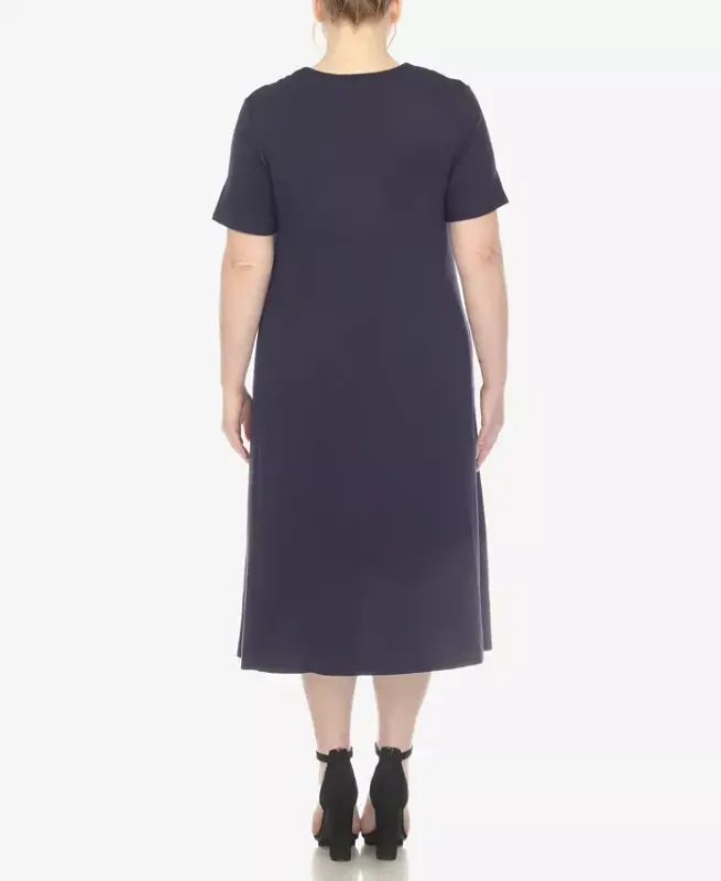 Plus Size Short Sleeve Pocket Swing Midi Dress - Navy - 2