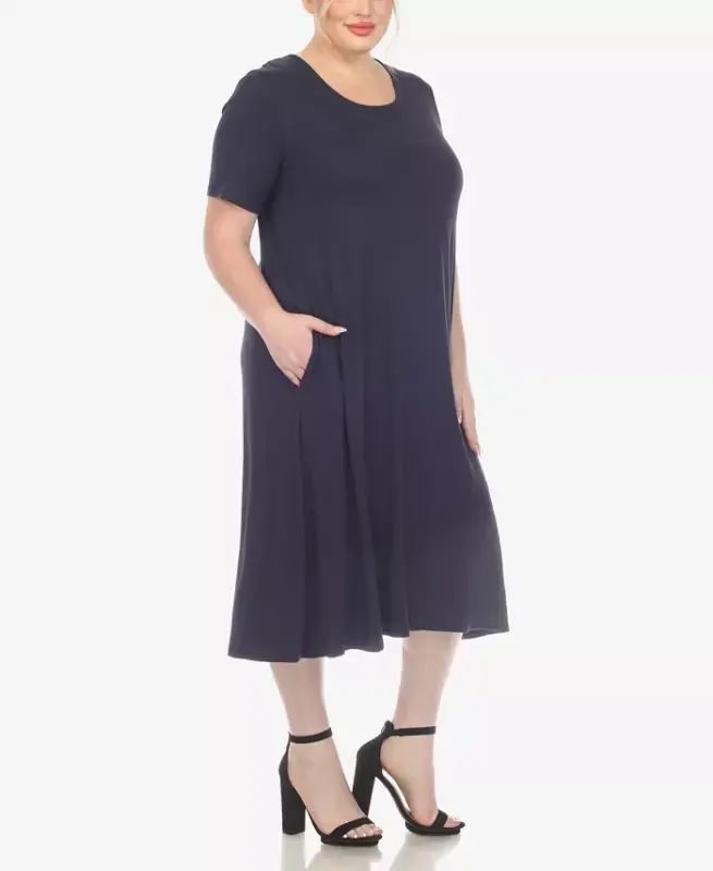 Plus Size Short Sleeve Pocket Swing Midi Dress - Navy - 3