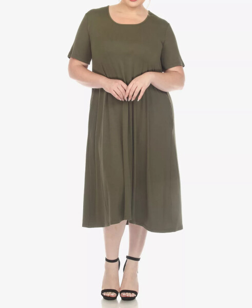 Plus Size Short Sleeve Pocket Swing Midi Dress Olive - 4