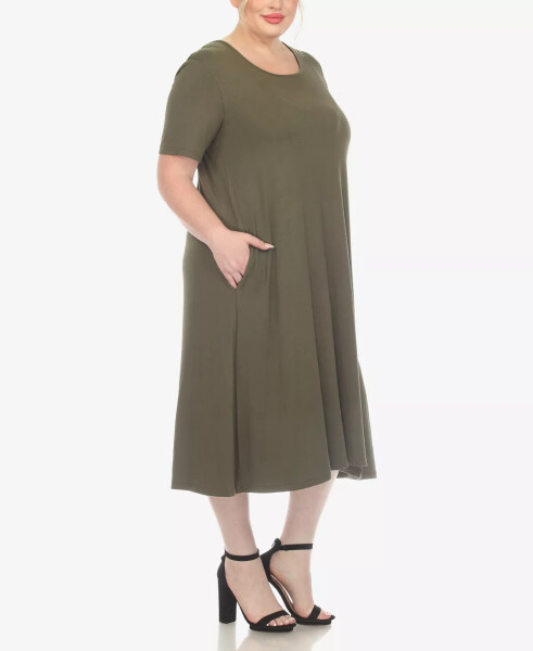 Plus Size Short Sleeve Pocket Swing Midi Dress Olive - 6