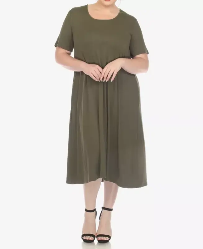 Plus Size Short Sleeve Pocket Swing Midi Dress - Olive - 1