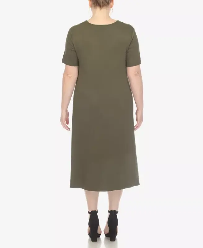 Plus Size Short Sleeve Pocket Swing Midi Dress - Olive - 2