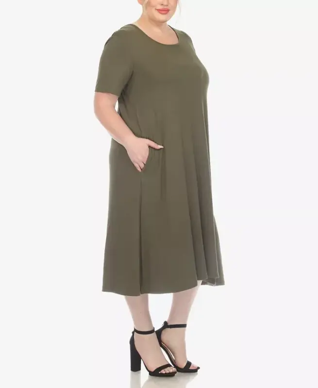 Plus Size Short Sleeve Pocket Swing Midi Dress - Olive - 3