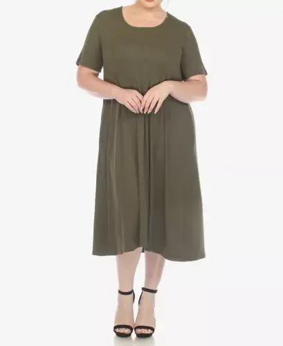 Plus Size Short Sleeve Pocket Swing Midi Dress - Olive 