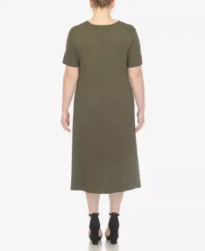 Plus Size Short Sleeve Pocket Swing Midi Dress - Olive - WHITE MARK (1)