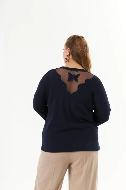 Plus Size Shoulder and Back Stone Detail Knitted Blouse Navy Blue - 7