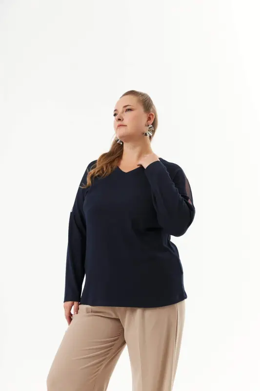 Plus Size Shoulder and Back Stone Detail Knitted Blouse Navy Blue - 1