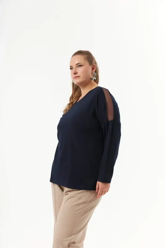 Plus Size Shoulder and Back Stone Detail Knitted Blouse Navy Blue - 2
