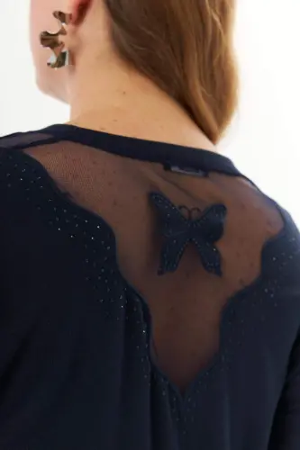 Plus Size Shoulder and Back Stone Detail Knitted Blouse Navy Blue - 3