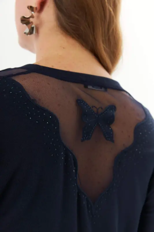 Plus Size Shoulder and Back Stone Detail Knitted Blouse Navy Blue - 3