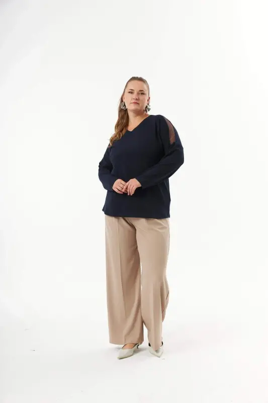 Plus Size Shoulder and Back Stone Detail Knitted Blouse Navy Blue - 5
