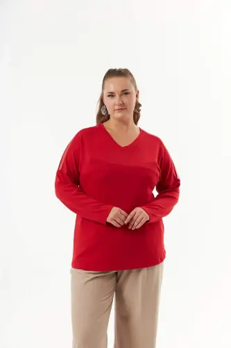 Plus Size Shoulder and Back Stone Detail Knitted Blouse Red - 1