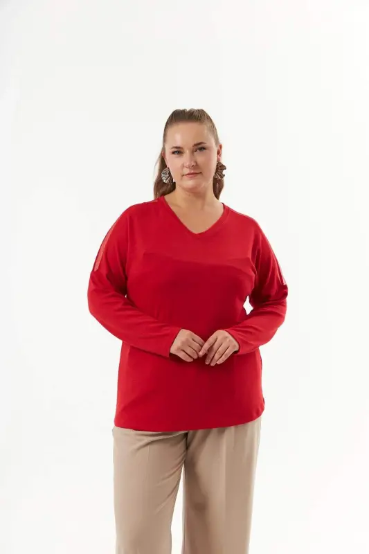 Plus Size Shoulder and Back Stone Detail Knitted Blouse Red - BÜYÜKBEDENIZ