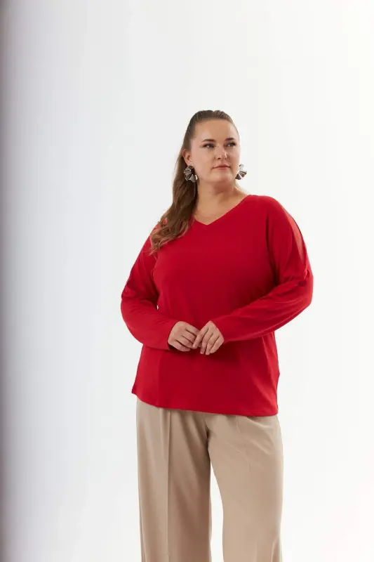 Plus Size Shoulder and Back Stone Detail Knitted Blouse Red - 11